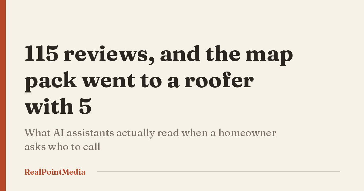 Card reading: 115 reviews, and the map pack went to a roofer with 5. What AI assistants actually read when a homeowner asks who to call.