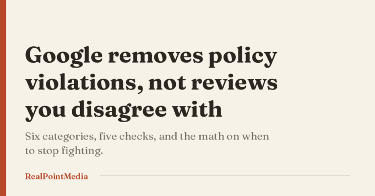 Card stating that Google removes reviews for policy violations rather than for being untrue.