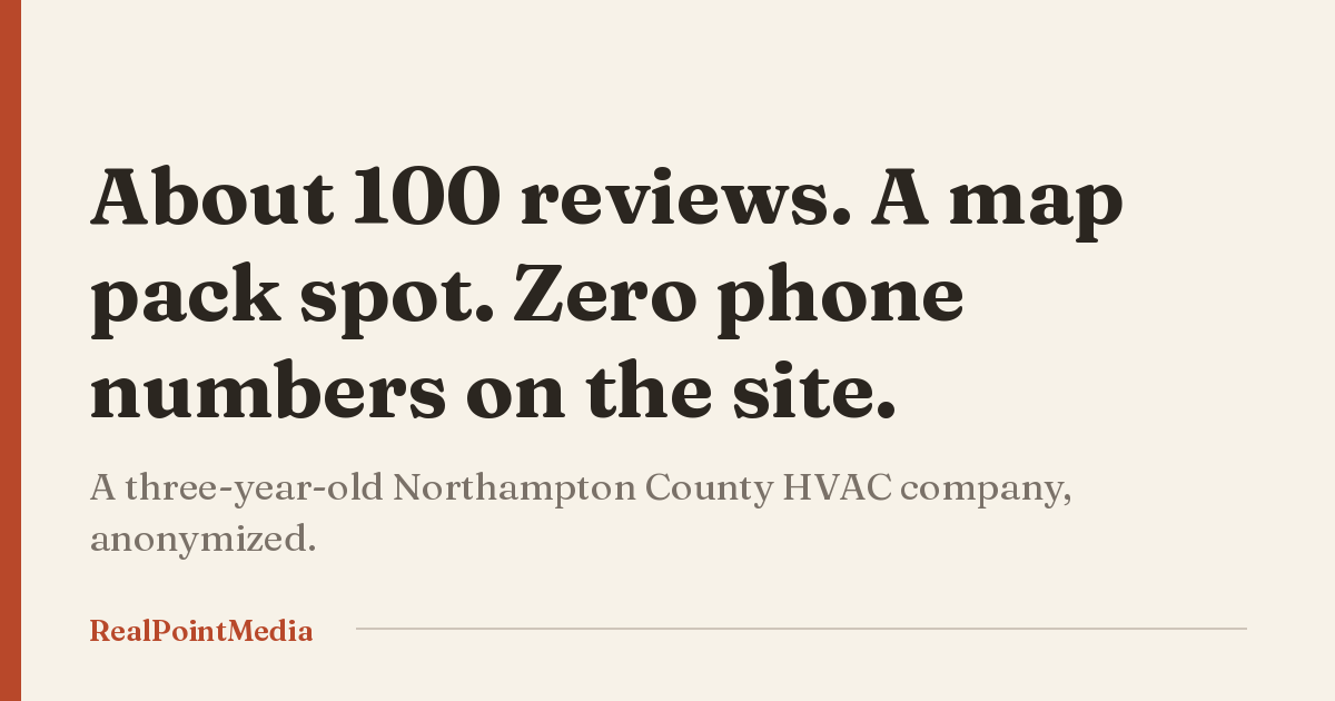 Card reading: about 100 reviews, a map pack spot, and zero phone numbers on the website.