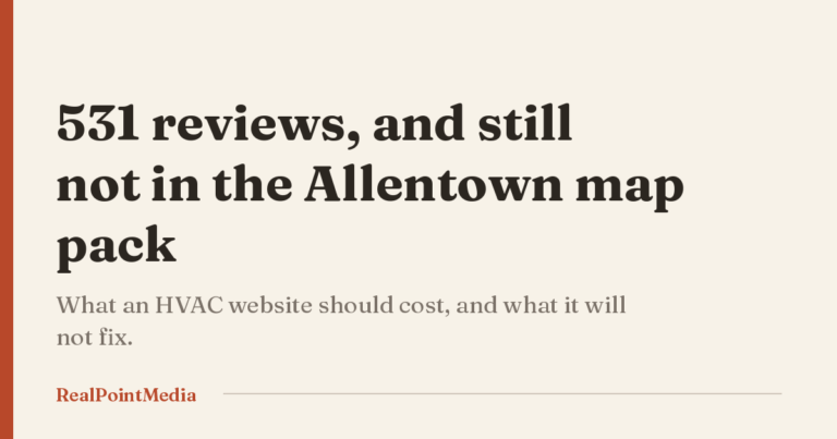 Card reading: an Allentown HVAC company with 531 reviews is missing from the map pack its four-review competitor leads.