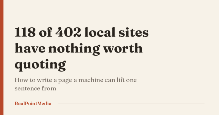Card reading: 118 of 402 local sites have nothing worth quoting. How to write a page a machine can lift one sentence from.